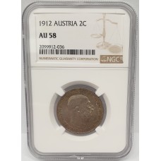 AUSTRIA 1912 . TWO 2 CORONA COIN . SLABBED AU58 . NICE TONE